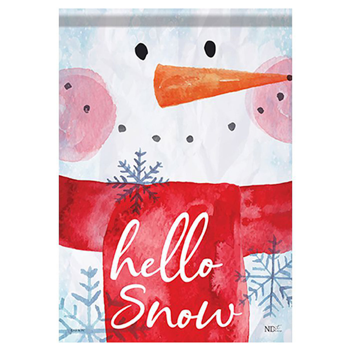 Decorative garden flag with a snowman design and 'hello Snow' text on a white background