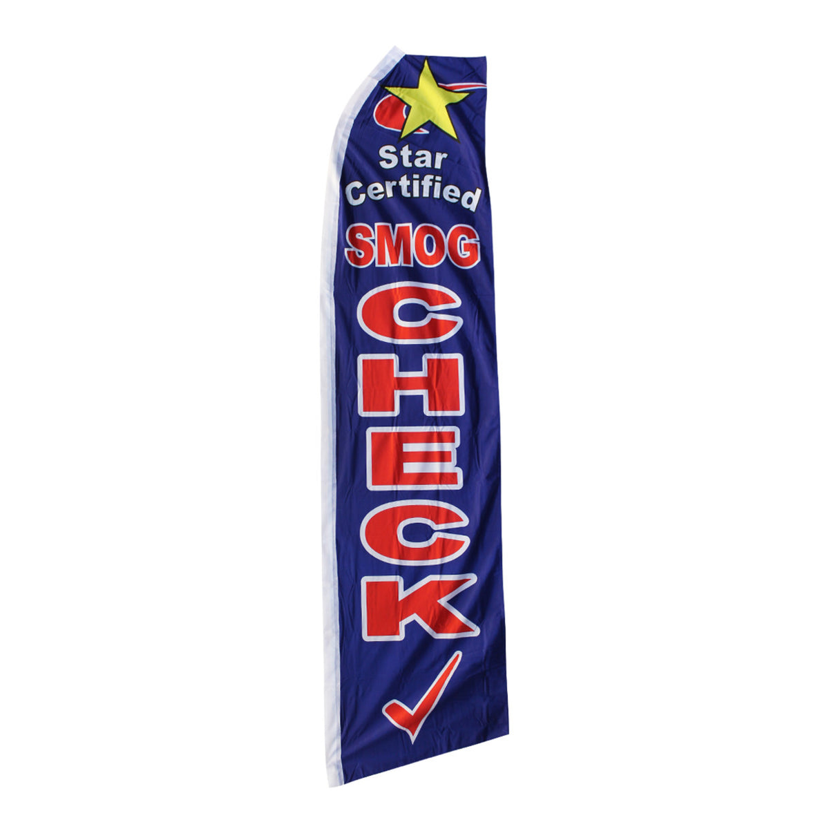 Swooper flag with 'Star Certified Smog Check' text on a white background