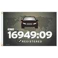 Car illustration with '16949:09' text on a world map background