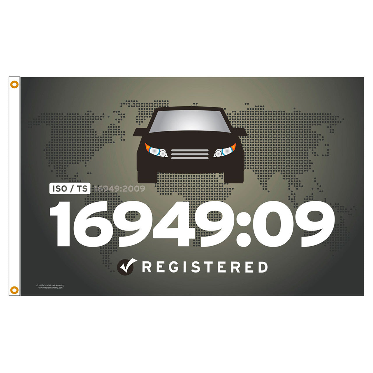 Car illustration with '16949:09' text on a world map background