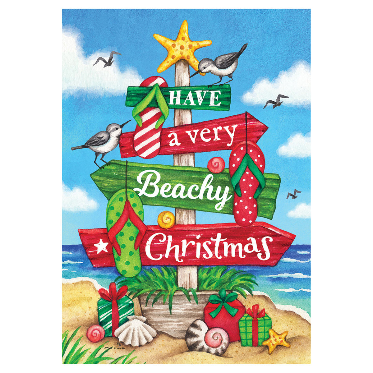 Decorative flag with 'Have a very Beachy Christmas' text on a beach background