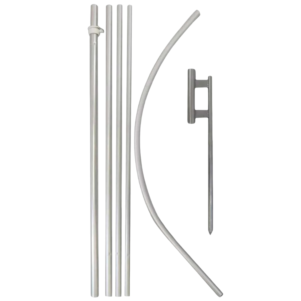 Set of metal components including a curved rod, straight bars, and a latch on a white background