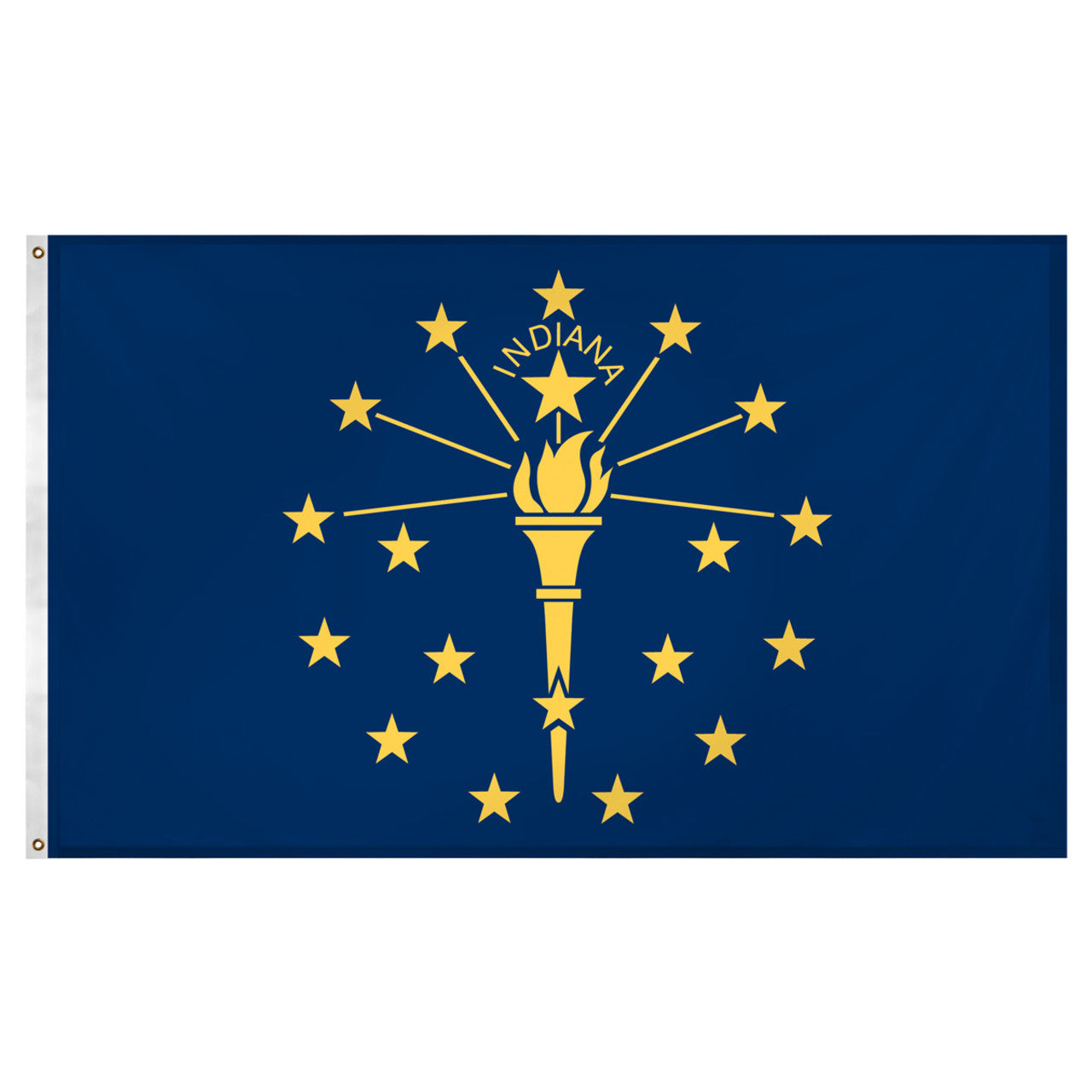 State of Indiana flag featuring the gold torch, nineteen gold stars, and the 'Indiana' text on a solid blue field.