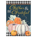 Decorative flag with pumpkins and 'Gather & Be Grateful' text on a checkered border.