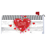 Mailbox cover with a heart design and 'LOVE' text on a checkered background