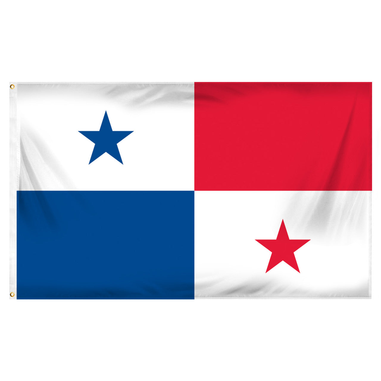 Flag of Panama with one blue block, one red block and two white blocks one with a blue star and one with a red star. 