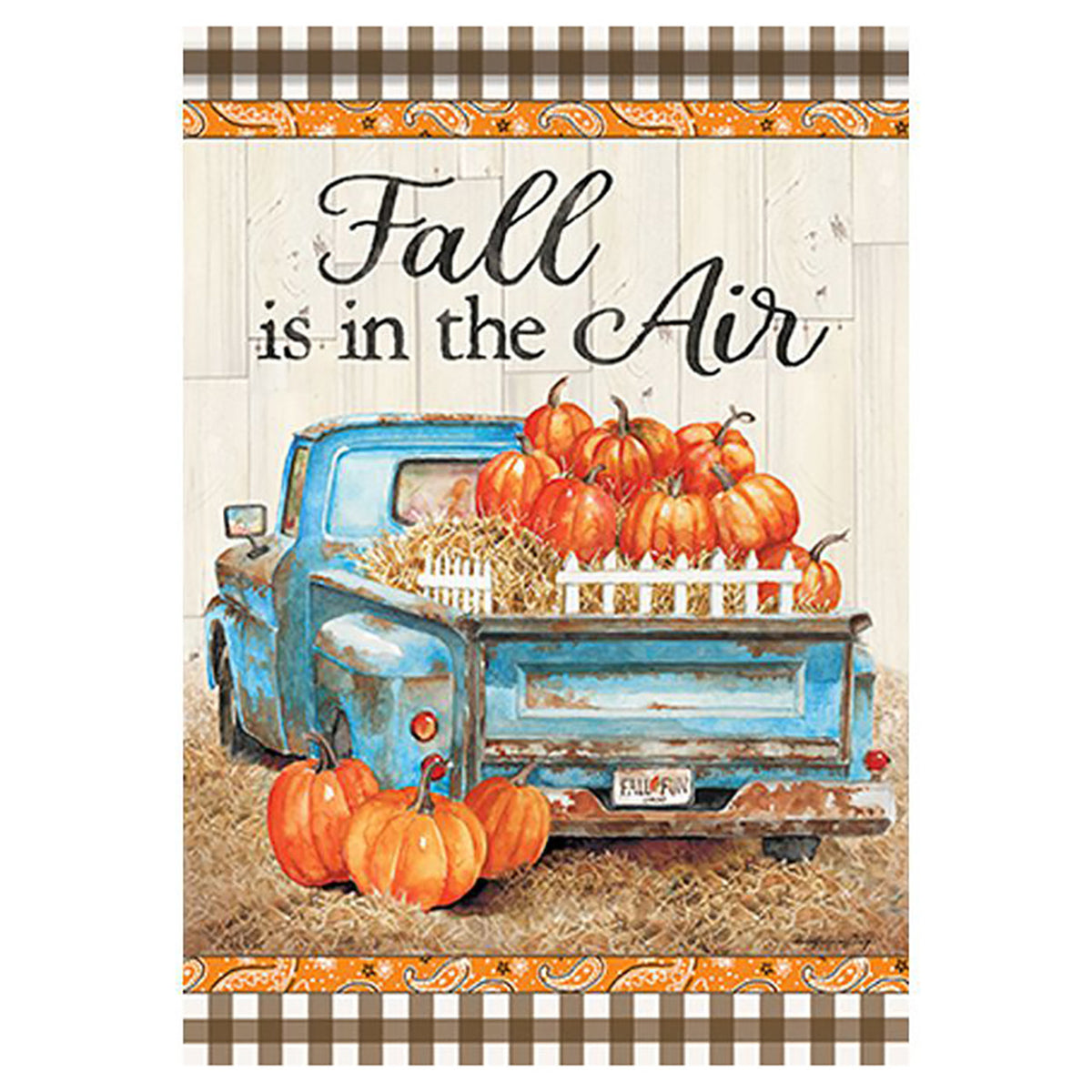 Decorative banner with a blue truck and pumpkins, featuring the text 'Fall is in the Air' on a checkered border.