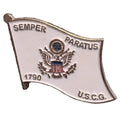 Lapel pin of the United States Coast Guard insignia with eagle and text on white background
