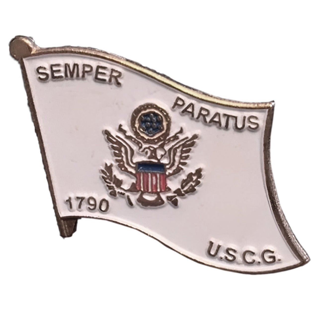 Lapel pin of the United States Coast Guard insignia with eagle and text on white background