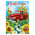 Decorative flag with a red truck with sunflowers and flowers in a field, featuring the word 'Welcome'.