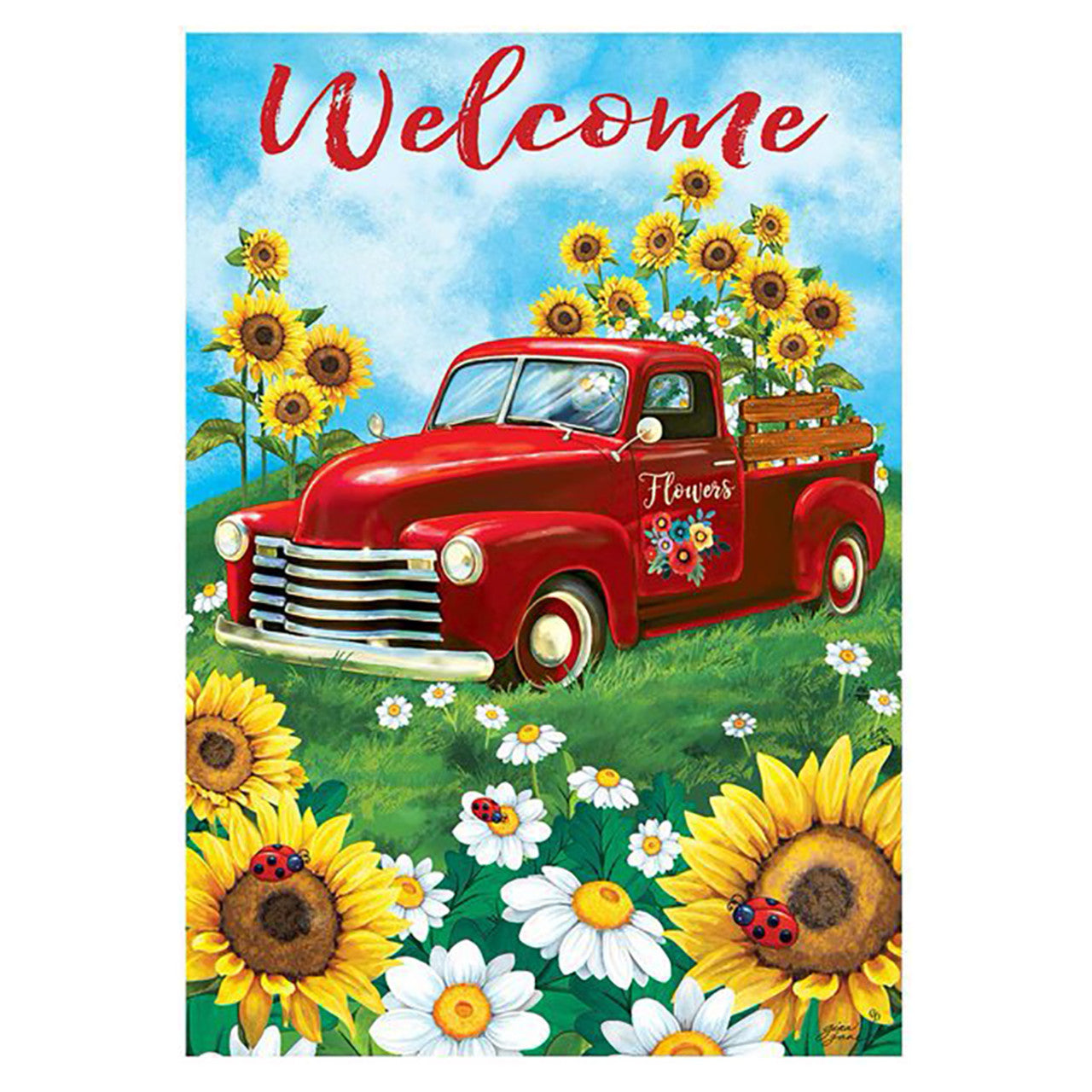 Decorative flag with a red truck with sunflowers and flowers in a field, featuring the word 'Welcome'.