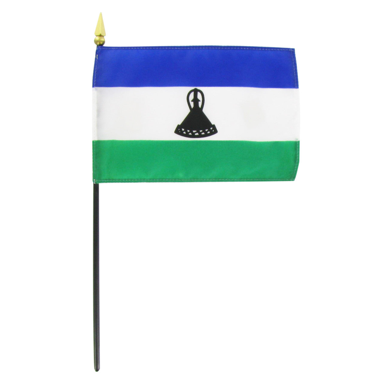 Lesotho flag with blue, white, and green horizontal stripes and a black emblem on a white background