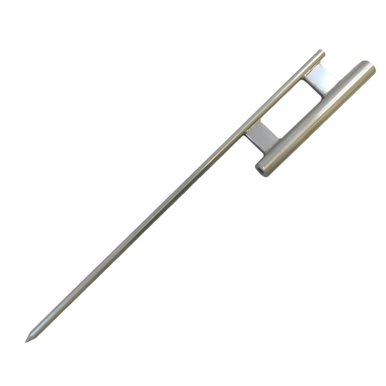 Metallic component of a telescopic flagpole with a pointed tip on a white background