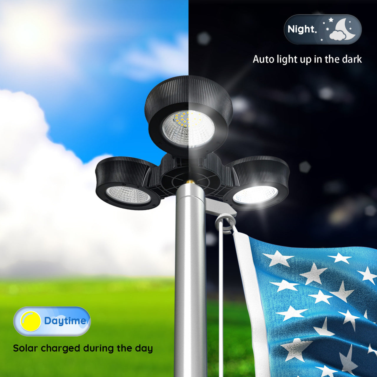 Solar LED Tri-Head Flagtop Pole Light | 32 LEDs – United States Flag Store