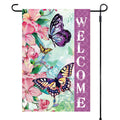 Decorative garden flag with butterflies and flowers featuring the word 'WELCOME'.
