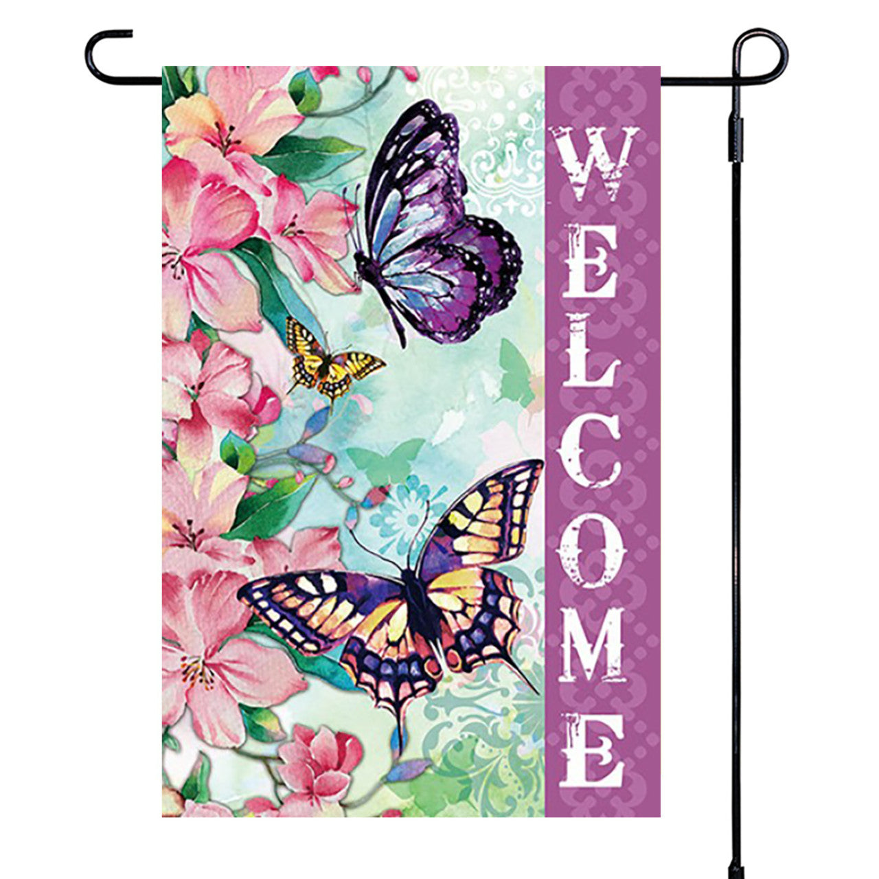 Decorative garden flag with butterflies and flowers featuring the word 'WELCOME'.