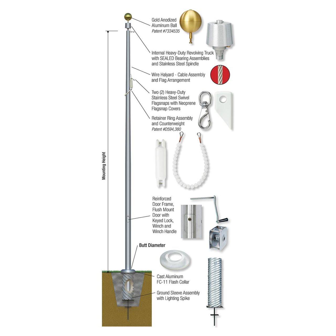 Xtreme Internal Reinforced with Winch Series 70ft 3 Sections Commercial Flagpole - .375in Wall Thickness - 12in Butt Diameter