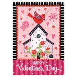 Valentine's Day decorative flag with a birdhouse, bird, and flowers on a pink background.