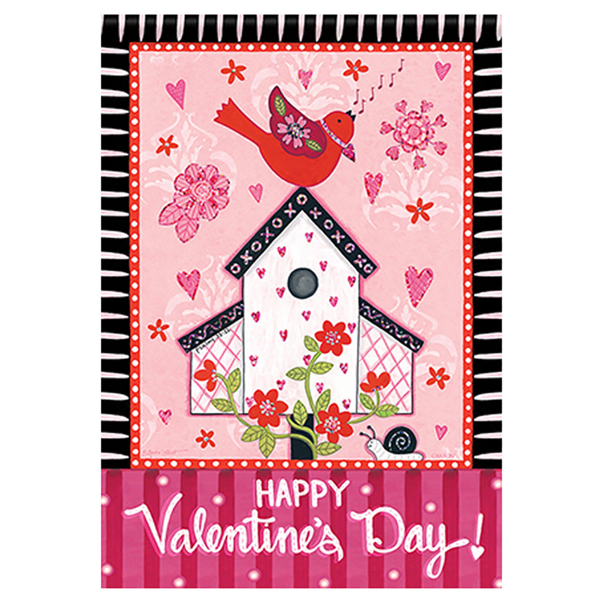 Valentine's Day decorative flag with a birdhouse, bird, and flowers on a pink background.