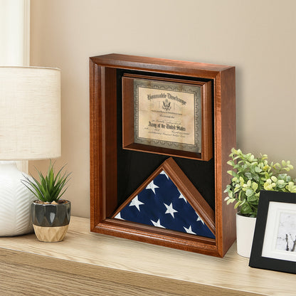 Wooden shadow box with military flag and certificate on a shelf.