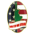 Pin with American flag design, Statue of Liberty, and 'United We Stand' text on a white background