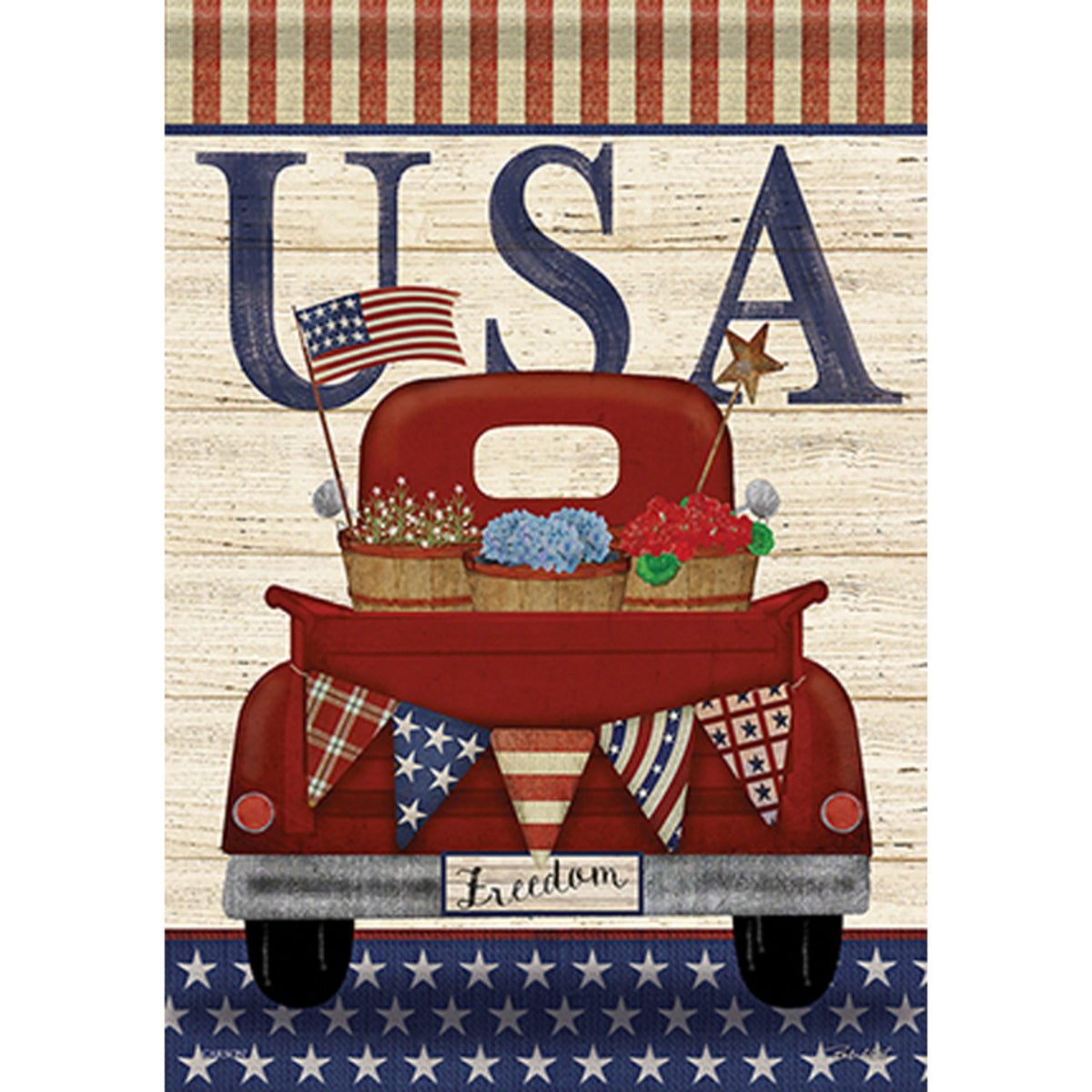 Decorative flag with a red truck, American flags, and 'USA' text on a wooden background.