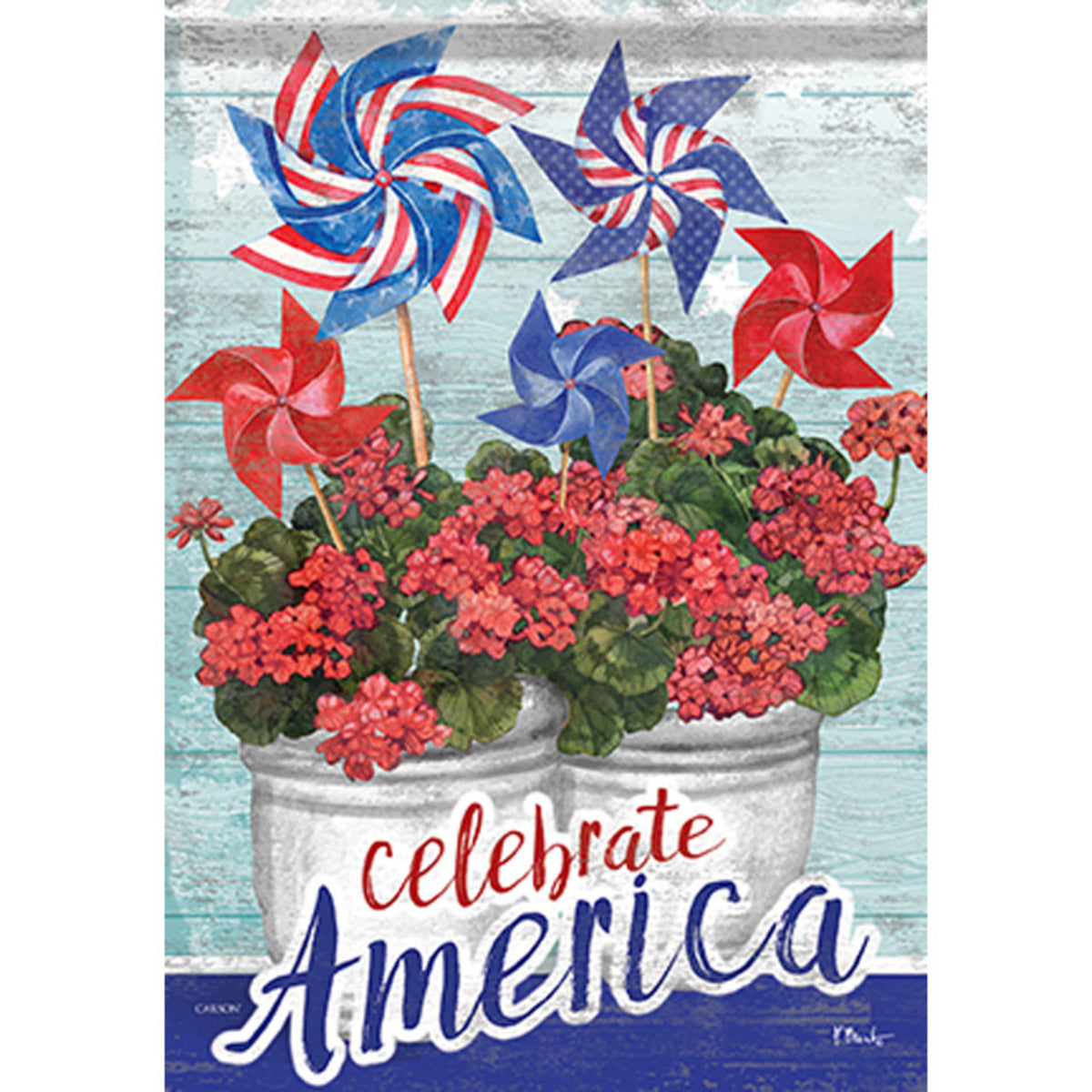Decorative garden flag with red, white, and blue pinwheels and flowers with 'Celebrate America' text.