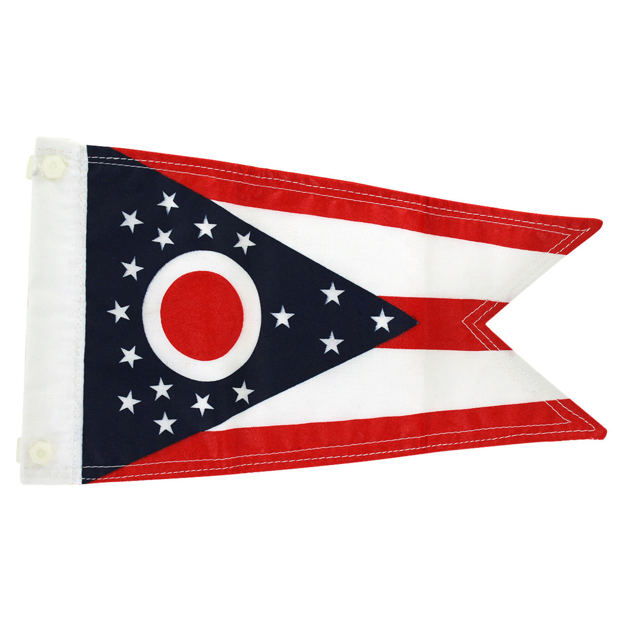 Red, white and blue Antenna Flag with a triangle cut out at the end and the inside features a blue triangle with stars and a red circle in a white circle