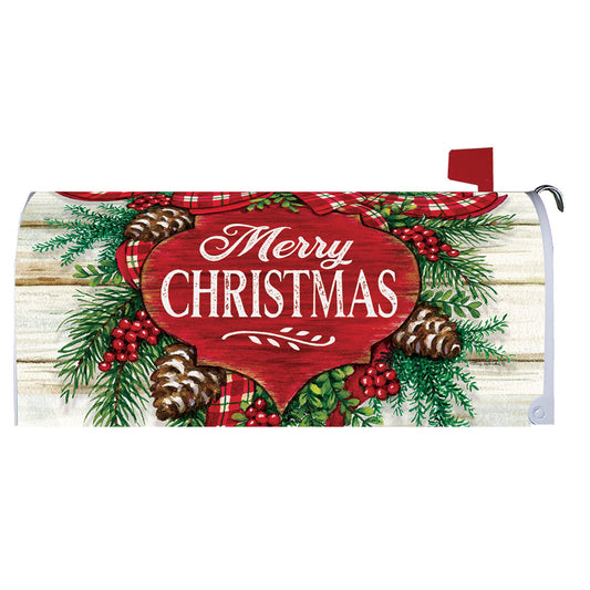 Christmas-themed mailbox cover with 'Merry Christmas' text, pinecones, and berries on a red background.