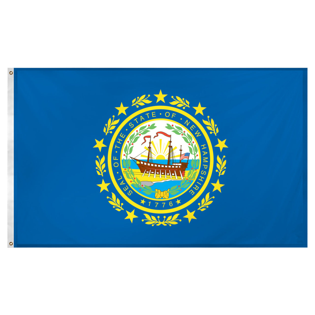 State of New Hampshire flag featuring the full-color state seal with the frigate Raleigh, a laurel wreath, and 'Seal of the State of New Hampshire 1776' text on a solid dark blue field.