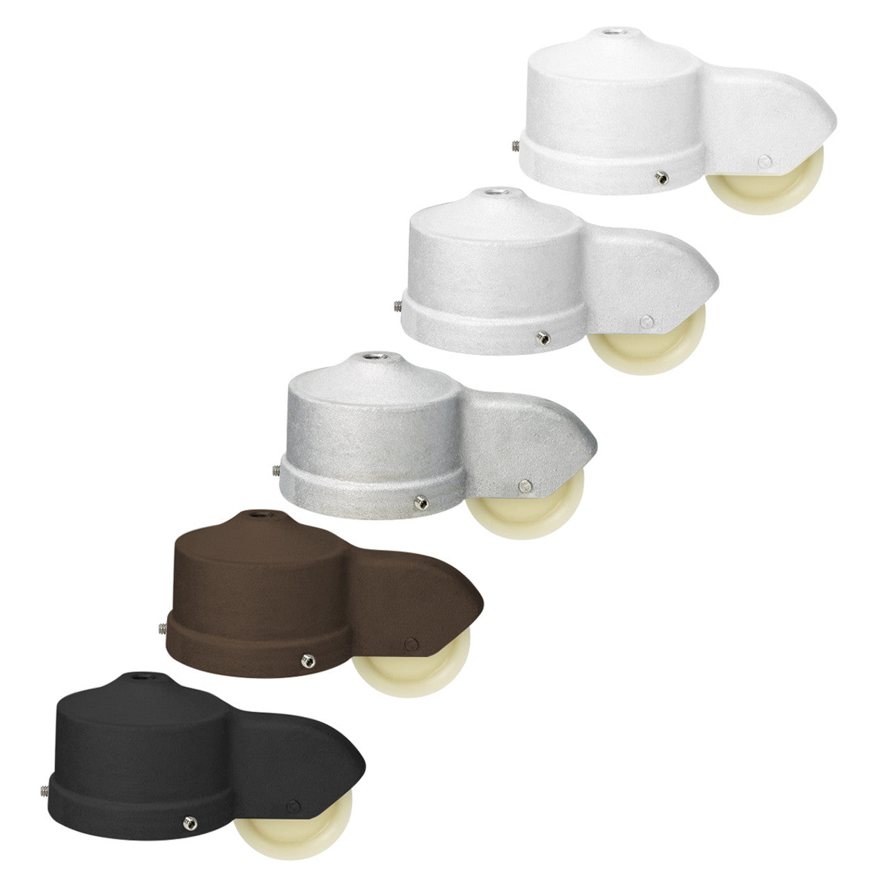 Five different colored cap style single stationary trucks on a white background