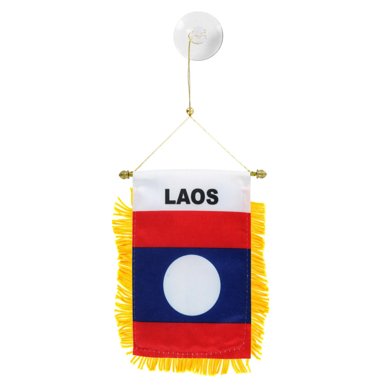 Miniature flag of Laos with yellow fringe on a white background