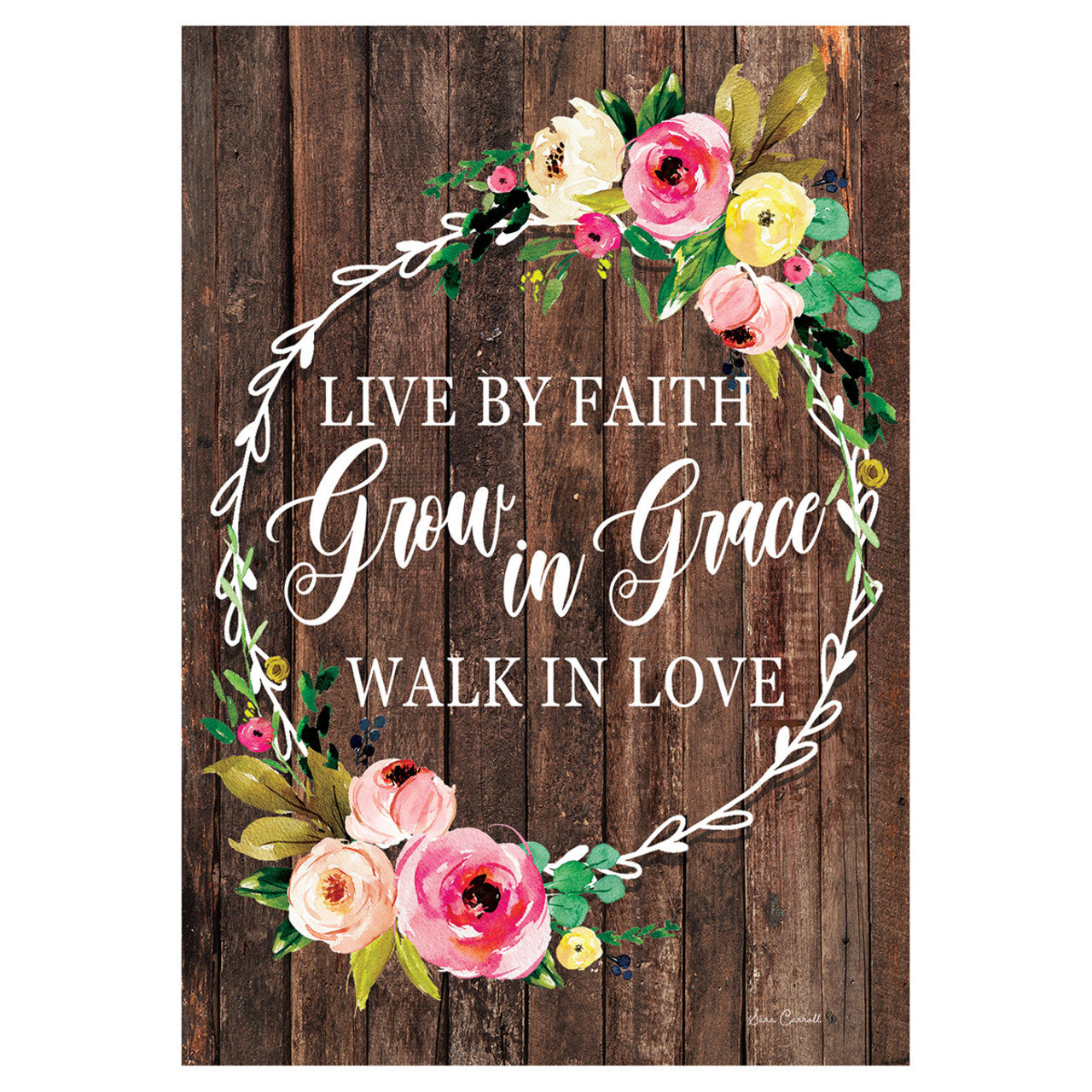 Decorative flag with floral design and inspirational quote on a wooden background