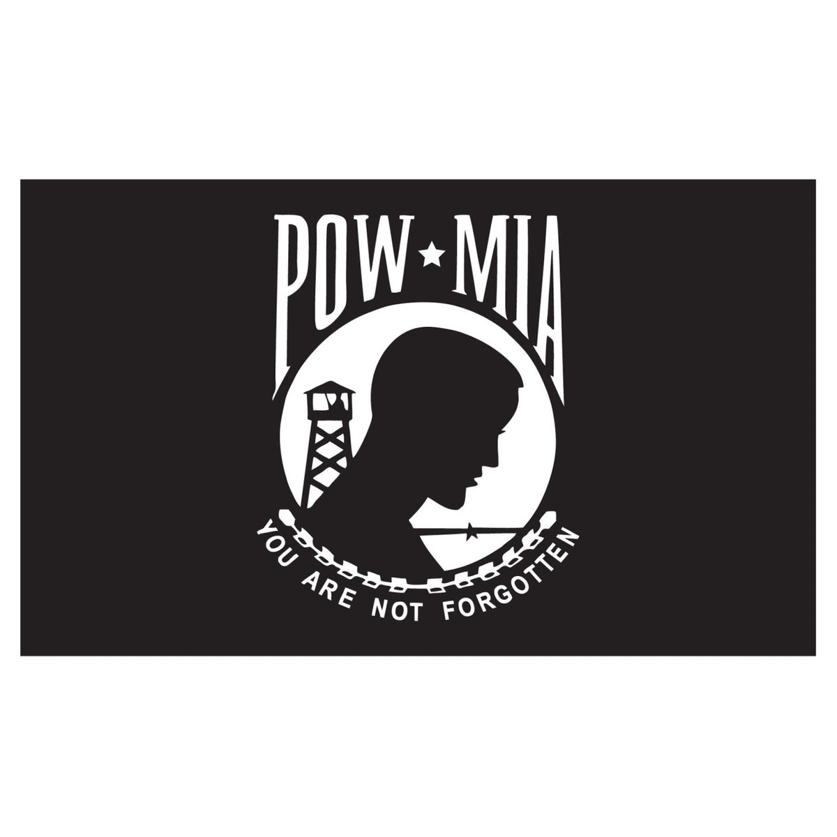 POW MIA flag with silhouette of a prison tower and chain, featuring text 'You Are Not Forgotten' on a black background.