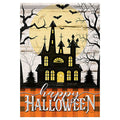 Halloween-themed decorative flag with a haunted house silhouette, bats, and 'Happy Halloween' text.