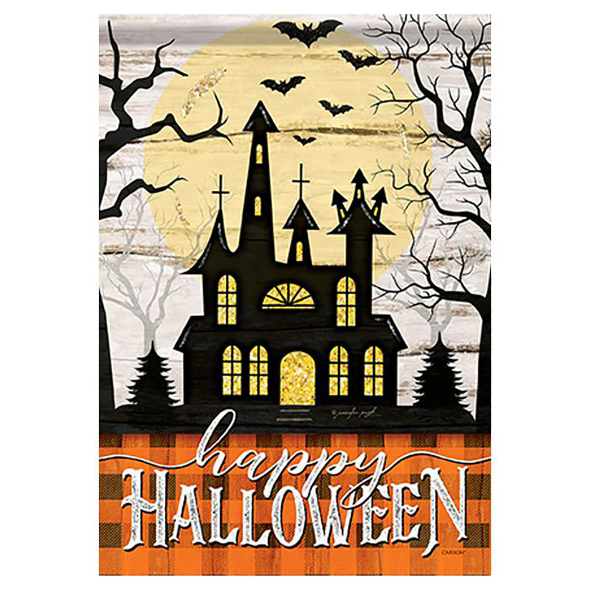 Halloween-themed decorative flag with a haunted house silhouette, bats, and 'Happy Halloween' text.
