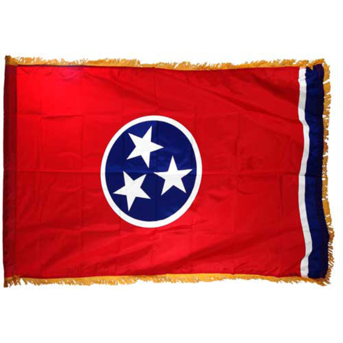 Tennessee state flag with a red background, blue circle with white stars, and gold fringe on a white background