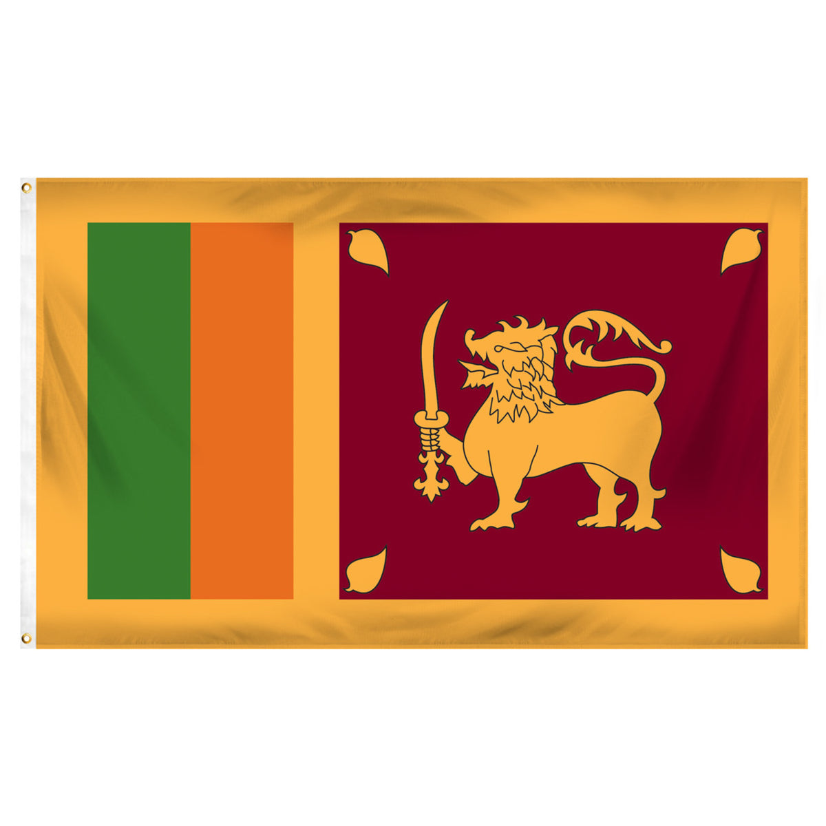 Sri Lankan flag with green, orange, and red sections, featuring a lion emblem on a white background