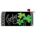 Mailbox cover with green shamrocks and the word 'lucky' on a black background