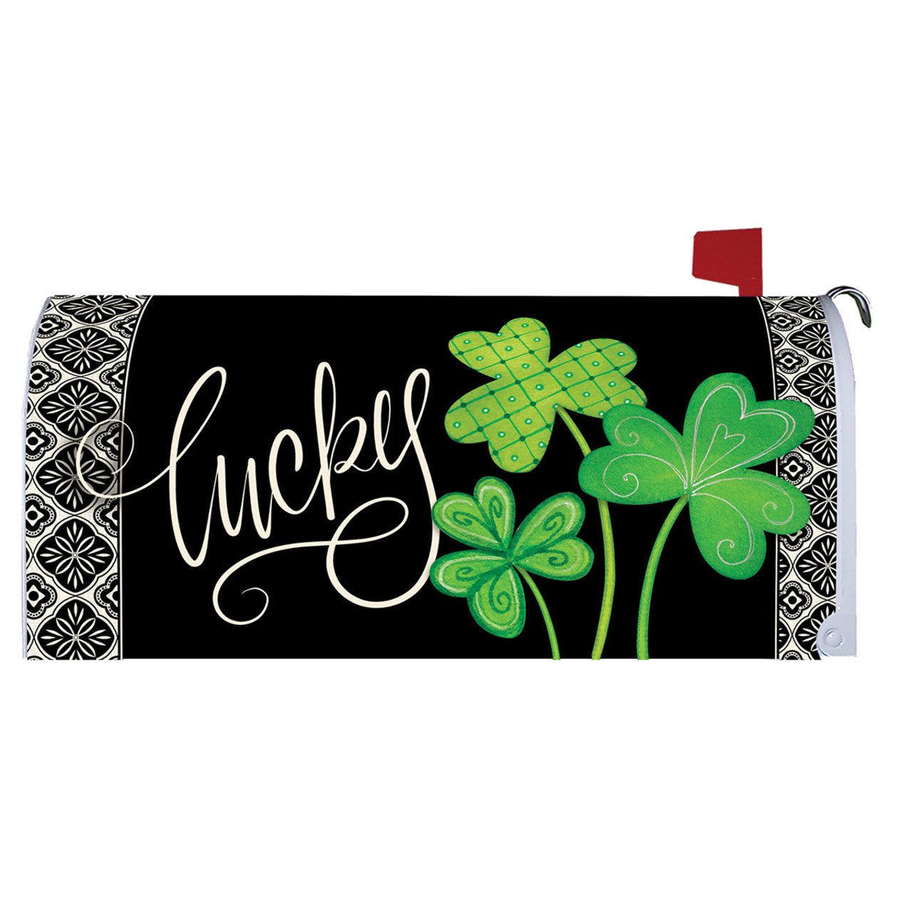 Mailbox cover with green shamrocks and the word 'lucky' on a black background