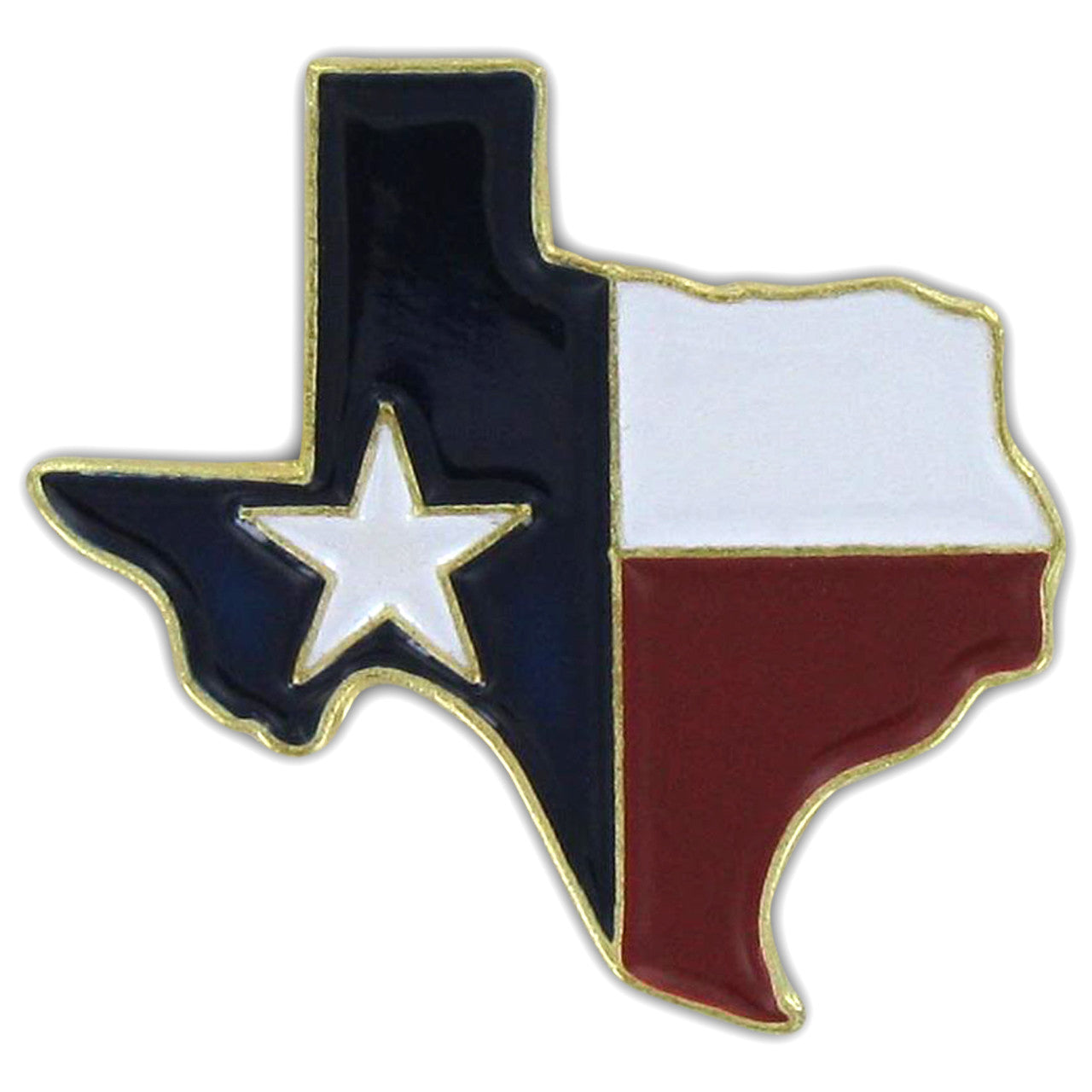 Texas flag shaped like the state lapel pin on a white background
