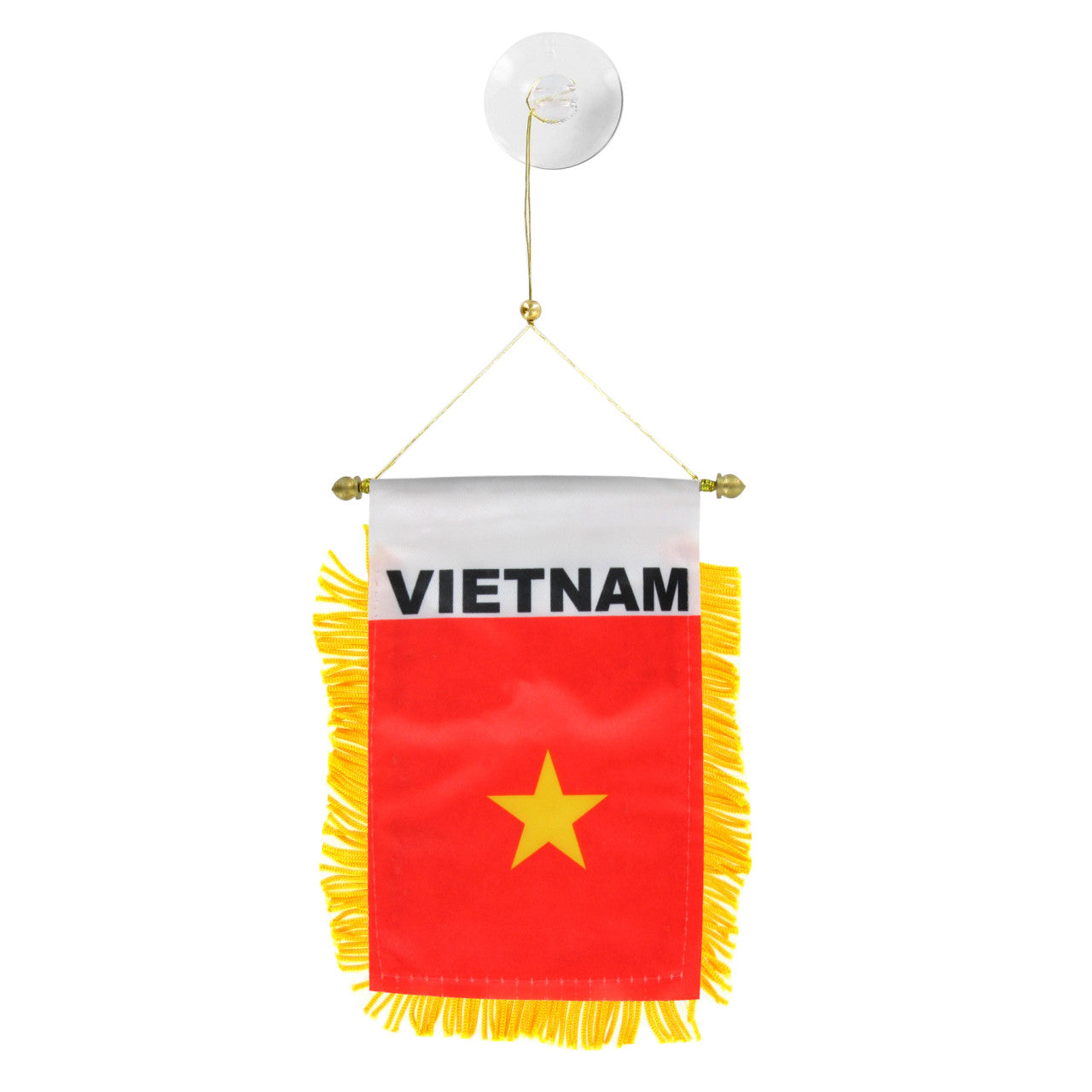 Vietnam flag with yellow star and text on a white background