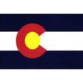 State of Colorado flag featuring the iconic blue and white horizontal stripes with the red 'C' and golden yellow disk design.