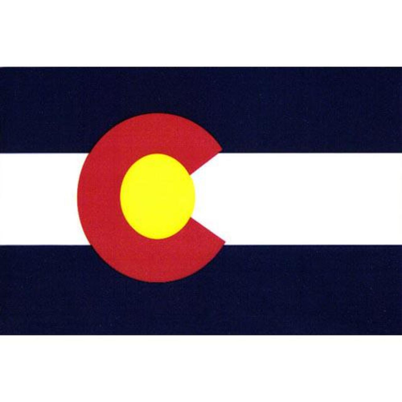 State of Colorado flag featuring the iconic blue and white horizontal stripes with the red 'C' and golden yellow disk design.
