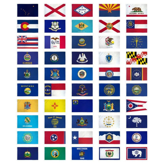 Grid of various state flags from the United States on a white background