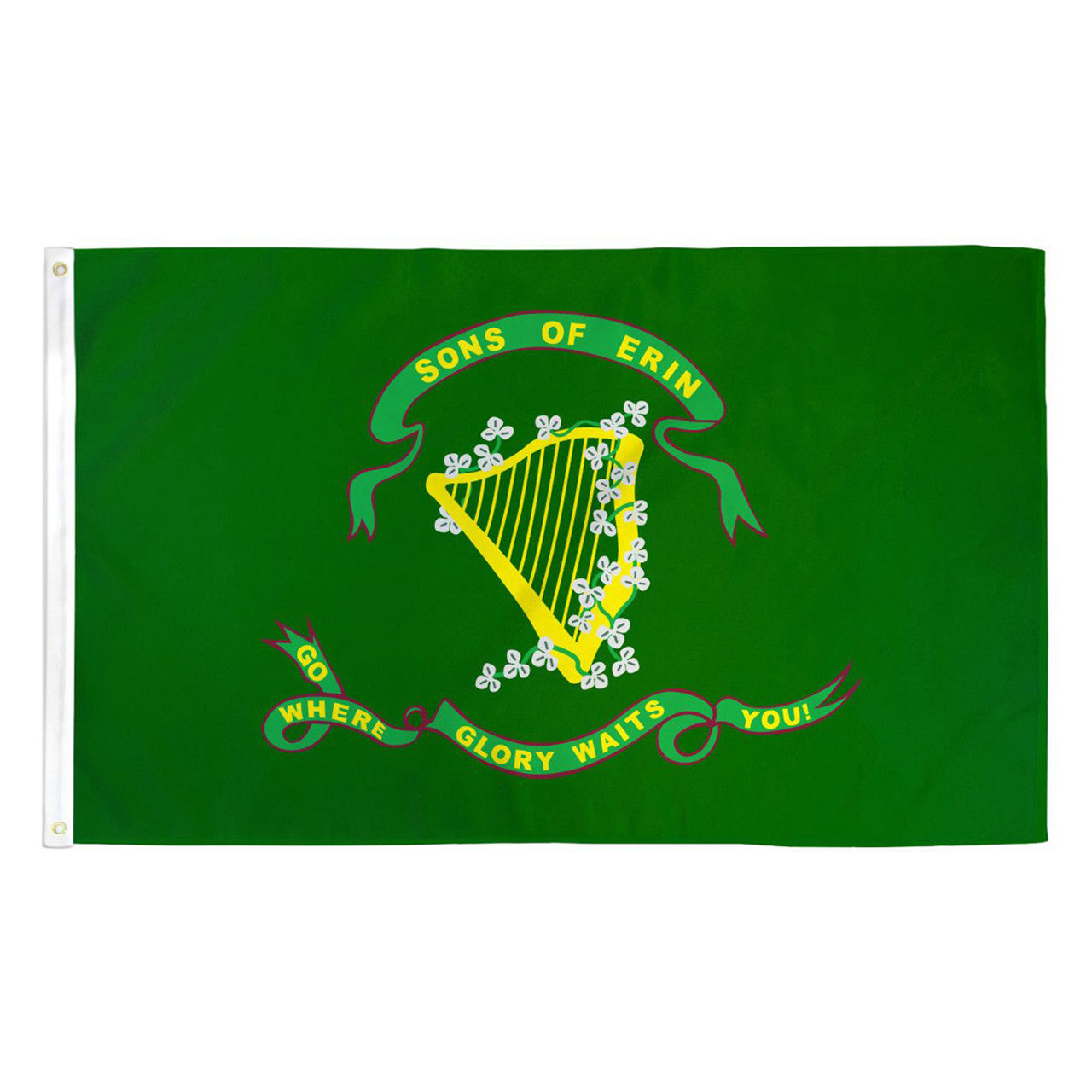 Green flag with Sons of Erin emblem featuring a harp and text on a white background