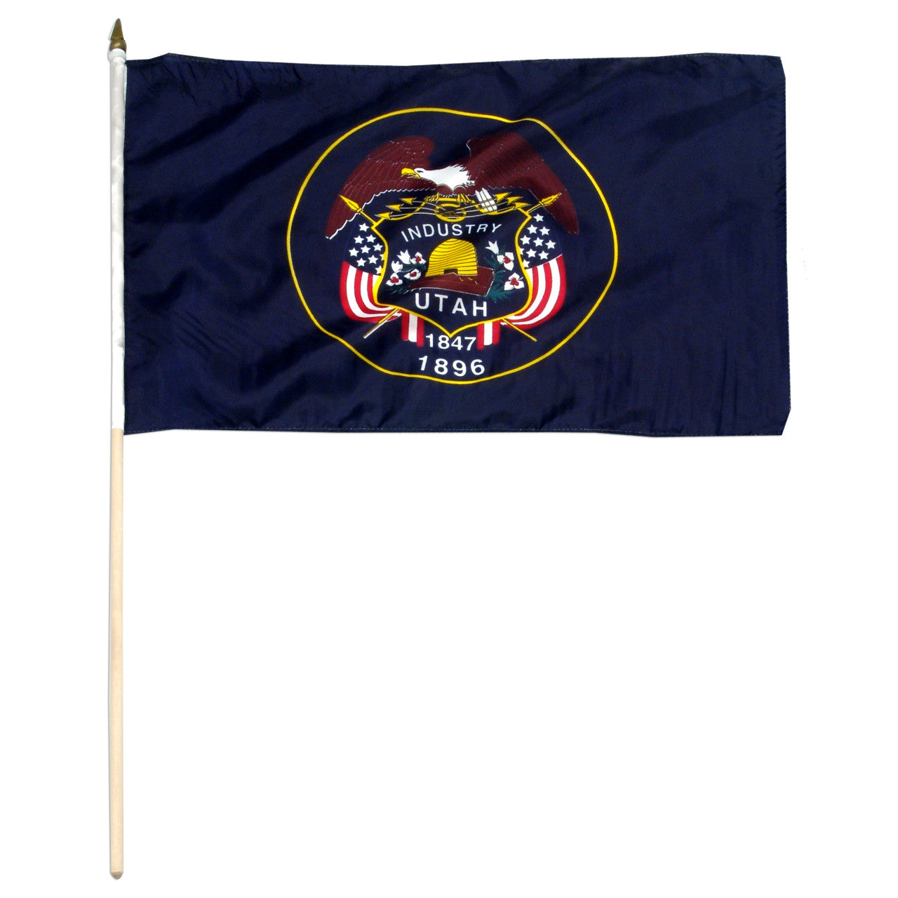 Historical Utah state stick flag design featuring the full-color state seal, gold beehive, and 'Industry' motto on a solid blue background. 
