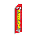 Red flag with 'Open Sundays' text on a white background
