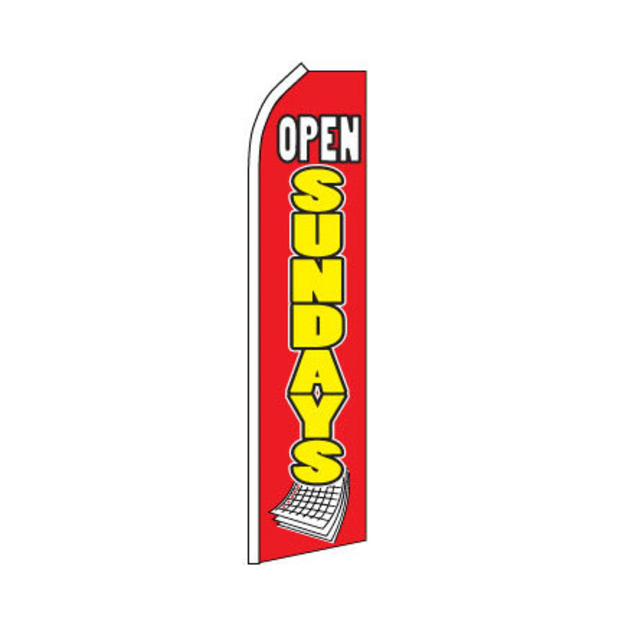Red flag with 'Open Sundays' text on a white background