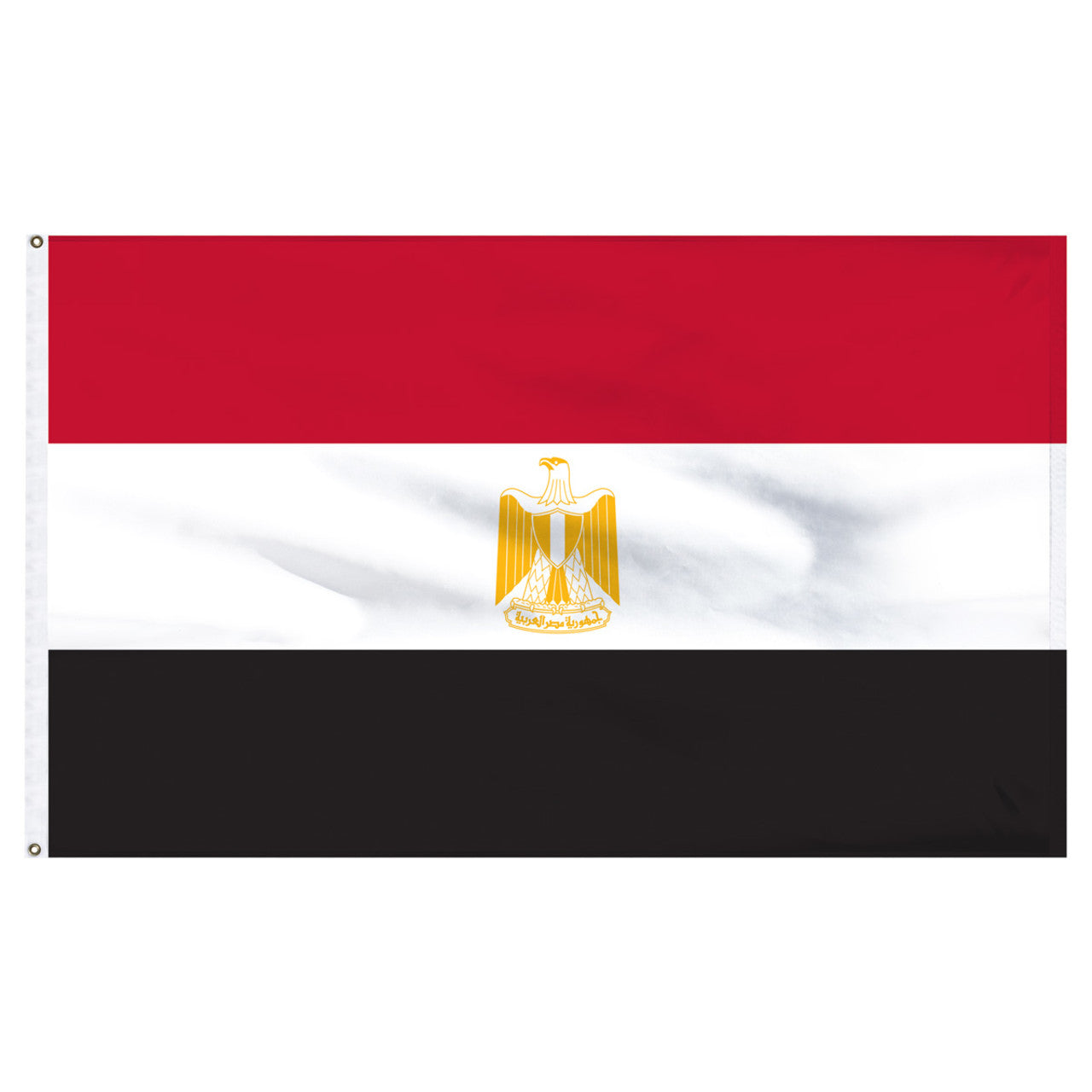 Flag of Egypt with a red, white, and black horizontal stripe design and a gold bird emblem in the center.